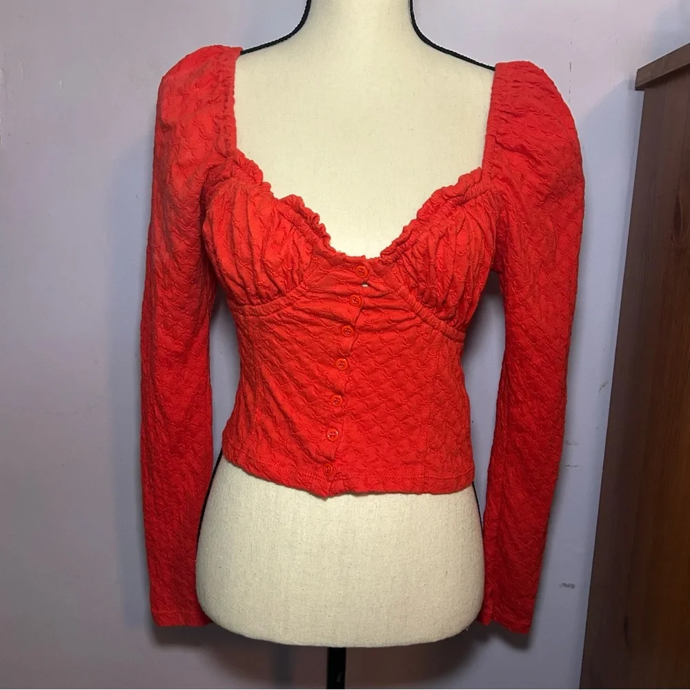 Free People Orange Longsleeve Button Up Crop Top S/P